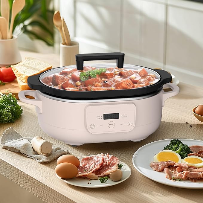 MAGNIFIQUE 6 Quart Programmable Slow Cooker Removable Healthy Nonstick Pot - Small Kitchen Appliance for Family Dinners - Serves 6+ People - Heat Settings: Keep Warm Pink