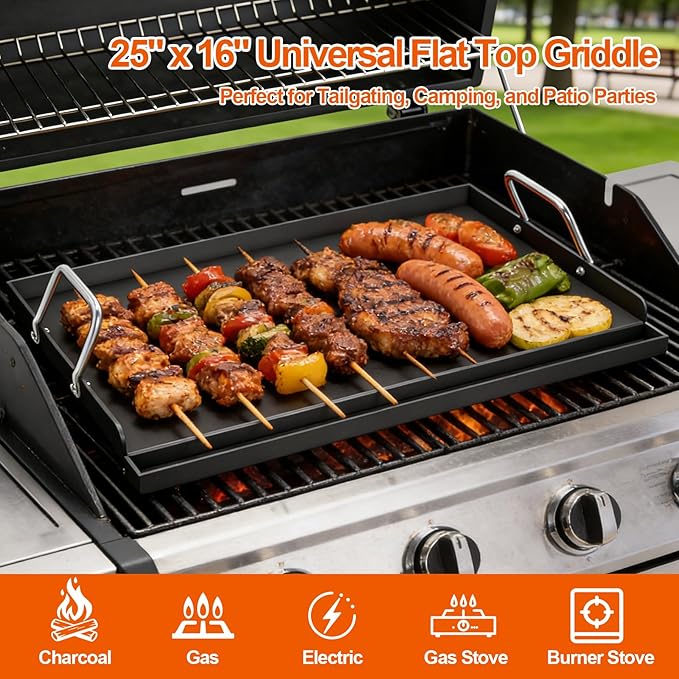 25" x 16" Cast Iron Griddle for Gas Grill, Universal Flat Top with Nano-Ceramic Nonstick Coating, Grease Groove and High Sidewalls, Griddle Plate Insert for Camping, Tailgating and Parties