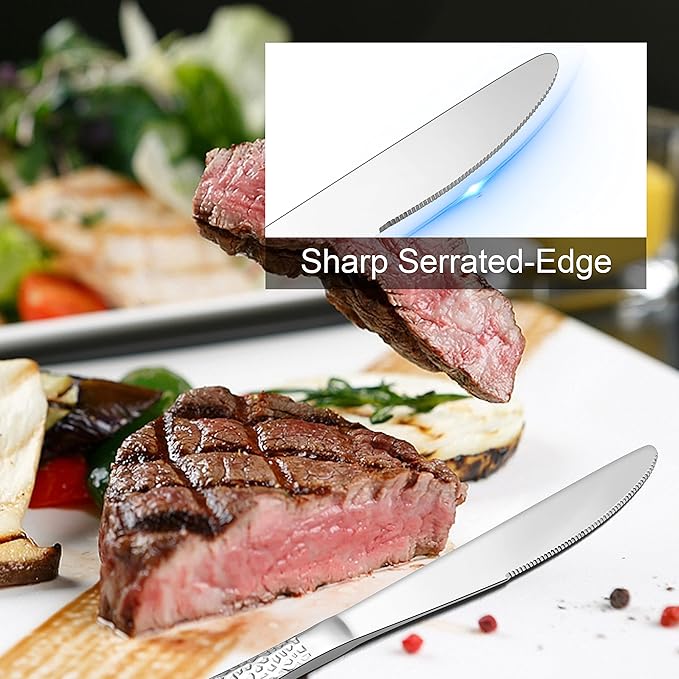 E-far Dinner Knives Set of 12, Stainless Steel Hammered Serrated Table Knife for Home Kitchen Restaurant, Mirror Polished & Dishwasher safe-8.9 Inches