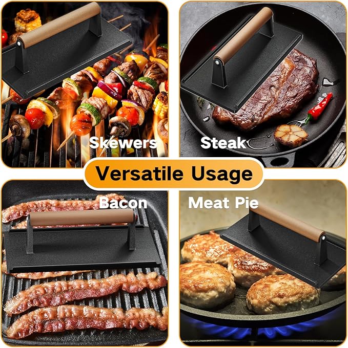 Yoehka Cast Iron Grill Press-1PCS, Heavy Duty Bacon/Burger/Griddle/Chef Press with Wood Handle, Perfectly Grilled Steak,Meat,Sandwich,Panini, 2.25lbs Cooking Weight,Rectangle(8.27"×4.25"×3.35”in)
