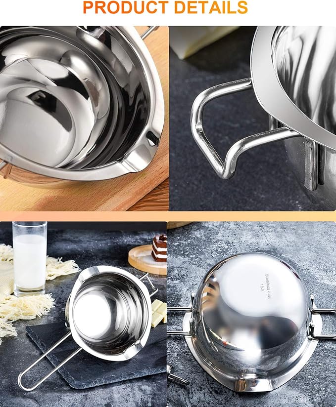 Stainless Steel Double Boiler Pot with 600ML for Melting Chocolate, Candy and Candle Making (18/8 Steel, Universal Insert)