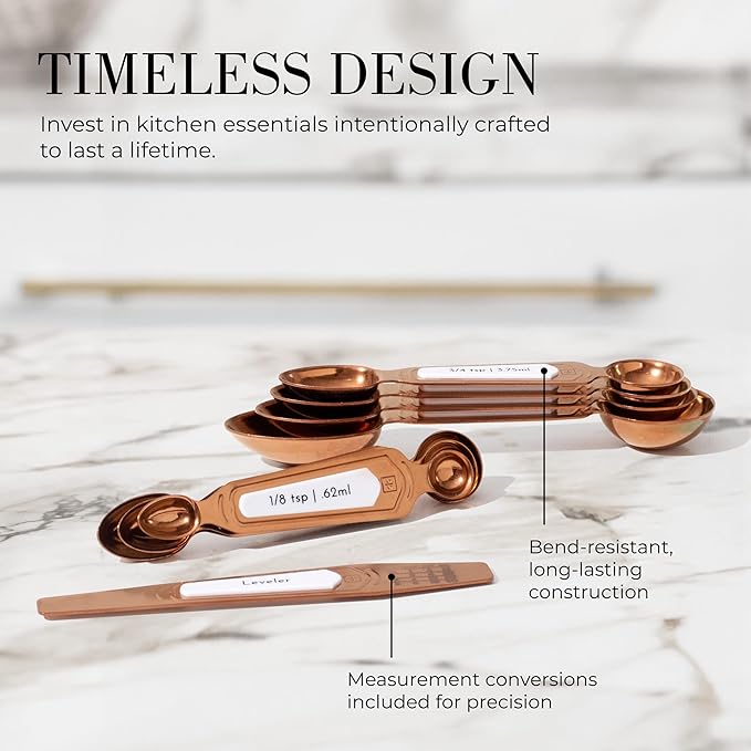 Copper Measuring Spoons Set with Leveler – 8-Piece Double-Sided Nesting Magnetic Measuring Spoons, Stackable & Spice Jar Friendly – Stylish Copper Kitchen Accessories and Decor for Baking and Cooking