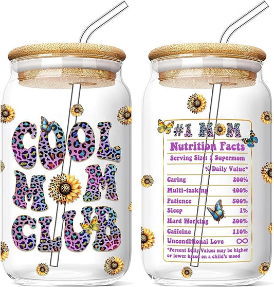Mothers Day Gifts for Mom 16 Oz Cool Mum Club Glass Coffee Cup with Lid and Straw Funny Mama Drinking Tumbler Unique Birthday Present Ideas for Mother Her Wife from Daughter Son Husband