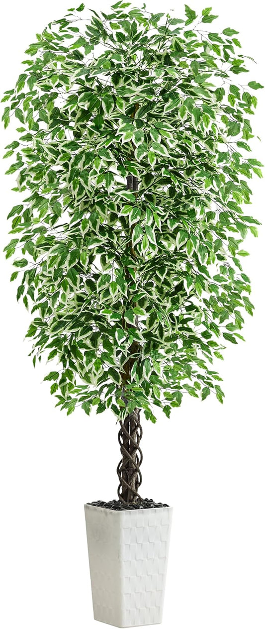 Artificial Ficus Tree Indoor 7FT Fake Plants Large Artificial Plant with Crack White Tall Planter, Green Lifelike Lush Fake Ficus Tree for Home Living Room Bedroom Outdoor Balcony House Office Decor
