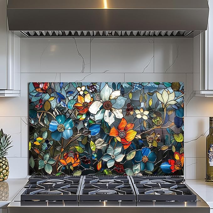 Evgosm Tempered Glass Backsplash for Kitchen, Pixel Flower Stove Splashback, Glass Backsplash, Used for Kitchen Wall Protection and Decoration, Easy to Install and Clean. (30x18'')