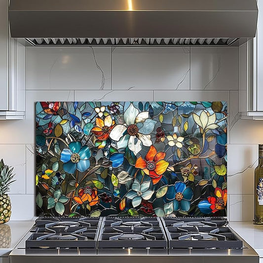 Evgosm Tempered Glass Backsplash for Kitchen, Pixel Flower Stove Splashback, Glass Backsplash, Used for Kitchen Wall Protection and Decoration, Easy to Install and Clean. (30x18'')