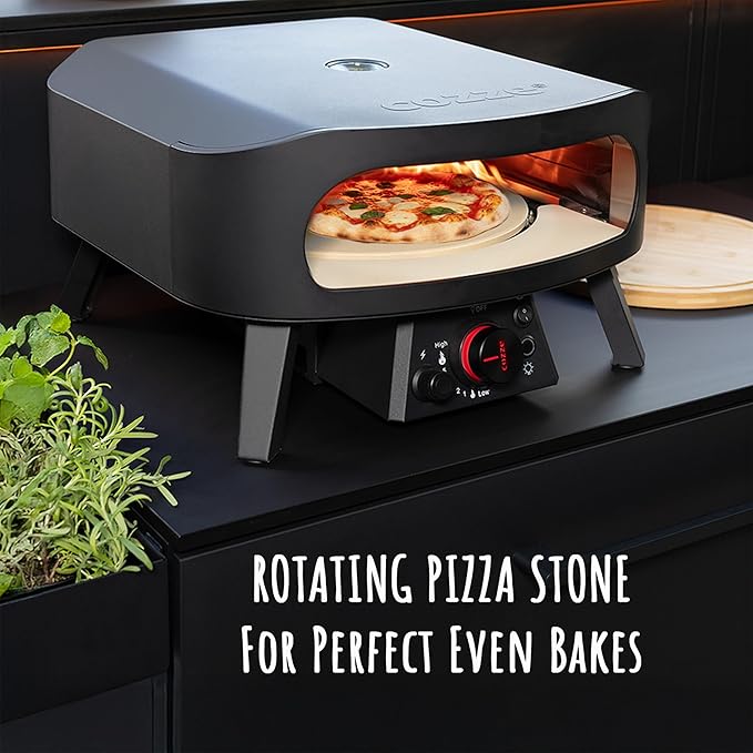 Cozze 13" Gas Pizza Oven with Rotating Pizza Stone for Easy Restaurant-Style Pizza at Home – Triple Burner, Built-In Thermometer, Fast 15-Min Preheat, Portable Outdoor Pizza Oven