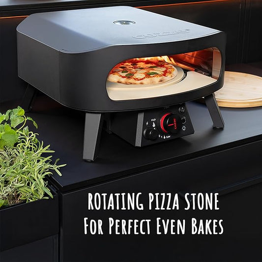 Cozze 13" Gas Pizza Oven with Rotating Pizza Stone for Easy Restaurant-Style Pizza at Home – Triple Burner, Built-In Thermometer, Fast 15-Min Preheat, Portable Outdoor Pizza Oven