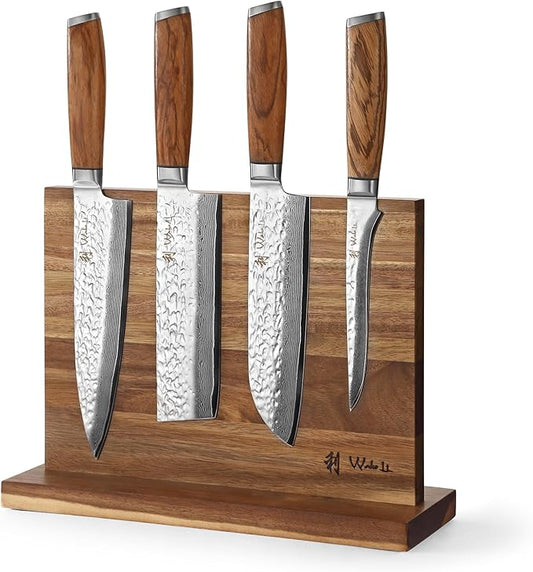 Wakoli Damascus Knife Block Set – 4-Piece Professional Kitchen Knives with Magnetic Block – Kitchen Knife Set made of 67-Layer Damascus Steel Blades & Ergonomic Zebrawood Handles