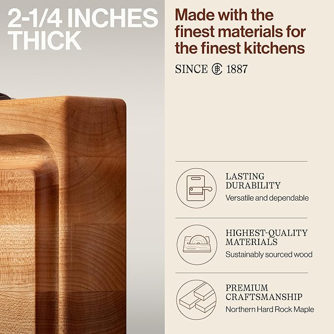 John Boos Newton Prep Master Series Rectangular Wooden Maple Cutting Board 15”x14” – 2.25” Thick, 14-lb Reversible Butcher Block with Catch Pan, Sloped Juice Groove & Edge-Grain – Made in the USA