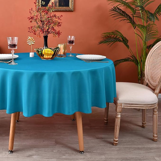 MEANMOY Teal 210 GSM Water & Stain Resistant Round Tablecloth for Circle Table - Solid 90 Inch Turquoise Table Cloth Cover in Wrinkle Free Durable Washable Polyester Fabric for Wedding, Party, Banquet