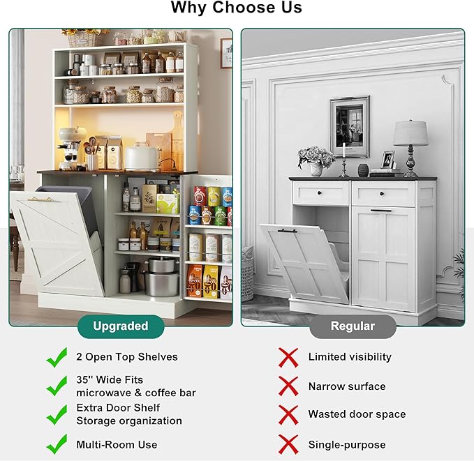 63" H Pantry Cabinets with 10 Gallon Trash Can,Led Light,Outlet,35" W Kitchen Hutch with Tilt Out Trash Can Cabinet,Farmhouse Cupboard with Large Countertop