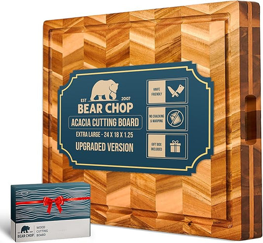 Bearchop Herringbone Acacia Wood Cutting Boards for Kitchen, Butcher Block with 4-Side Reinforced Bar for Anti Crack/Warp,[24"x18"x1.25"] Extra Large Cutting Boards with Gift Box, Juice Groove, Handle