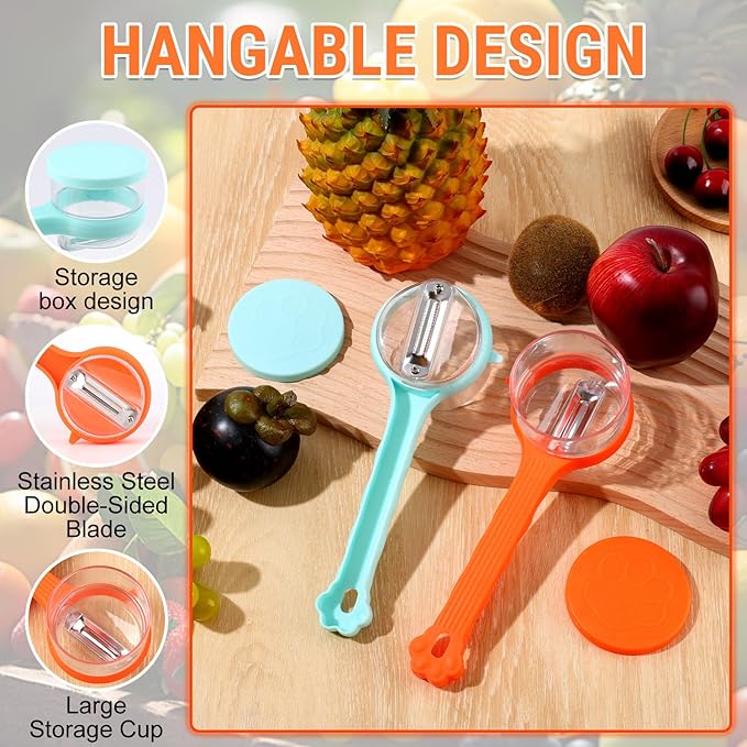 2PCS Vegetable Peeler Set with Container, Stainless Steel Potato and Apple Peeler, 2-in-1 Multifunctional Veggie Fruit Peeling Tool, Easy to Use Kitchen Gadget with Comfortable Grip (Orange+Blue)