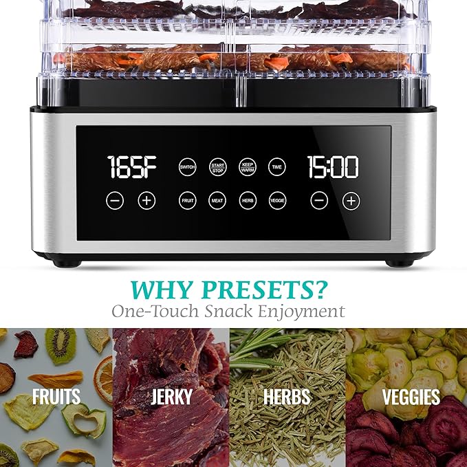 Food Dehydrator, One-Touch Dehydrator with Automatic Temperature Control 5 BPA-Free 11.4" Trays, Dehydrated Dryer for Jerky, Dog Treats, Herbs, Meat, Fruit, and Yogurt