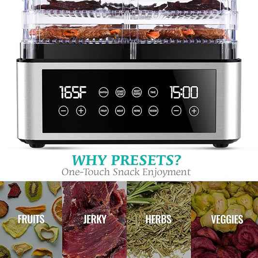 Food Dehydrator, One-Touch Dehydrator with Automatic Temperature Control 5 BPA-Free 11.4" Trays, Dehydrated Dryer for Jerky, Dog Treats, Herbs, Meat, Fruit, and Yogurt