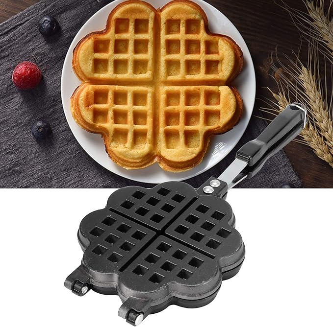 Waffle Maker, Aluminium Alloy Non Stick Stovetop Waffle Maker Pan with Long Handle Portable Cake Mold Baking Tray for Sandwich Breakfast Snacks