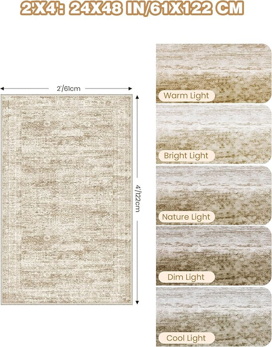 2x4 Washable Rug Runner for Bathroom, Soft Entryway Rug for Laundry Room, Kitchen, Vintage Abstract Hallway Runner for Bedroom, Anti-Slip Door Mat Indoor Entrance(2'x4', Brown/Ivory)