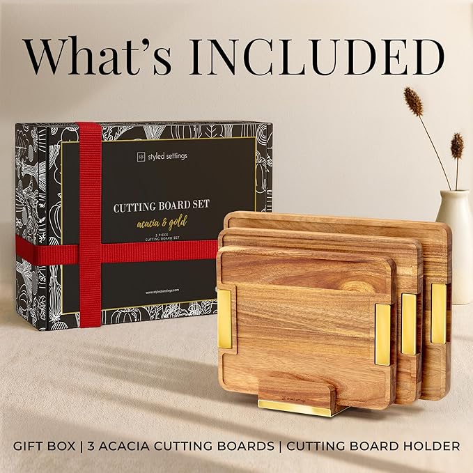 Wood Cutting Board Set with Holder – Double Sided Cutting Board with Handle (Gold) – 4 Piece Wooden Chopping Board Set with Stand – Reversible Charcuterie Tray for Stylish Kitchens