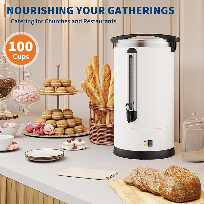 Garvee 14 L/100 Cups Coffee Urn-3.8 gal Double Wall Commerical Coffee Maker for Buffet Catering Wedding Gathering,Large Capacity Hot Coffee Dispenser,Stainless Steel Hot Water Urn-White