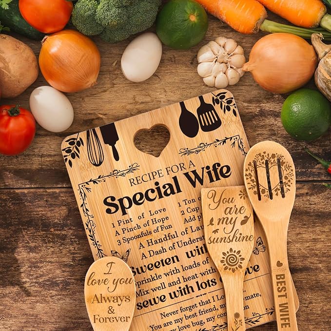 Valentine Day Gifts for Wife - "Recipe for a Special Wife" Valentine's Day Gifts for Her Cutting Board Set, Bamboo-Made Engraved Utensil Set Gifts for Wife
