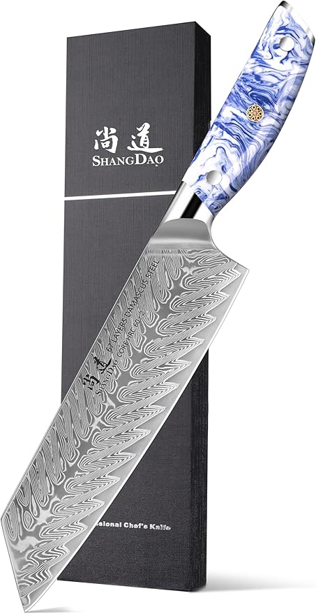 SHANGDAO 8 Inch Kiritsuke Chef Knife, Kitchen Slicing Knife Forged Damascus Steel with Blue and White Resin Handle - Full Tang - HUA Series
