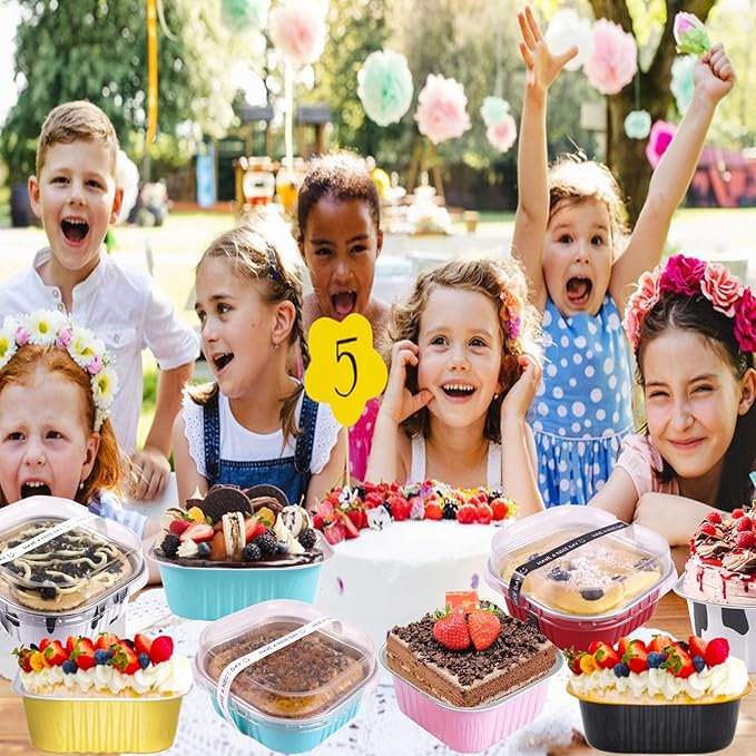 BZIDII 10oz Mini Cake Pans With Lids 50 Pack Aluminum Foil Square Brownie Baking Cups,4”x4” Disposable Loaf Pans With Lids and Spoons Stickers,Large Cupcake Pans Muffin Cake Tins Cake Container(Blue)