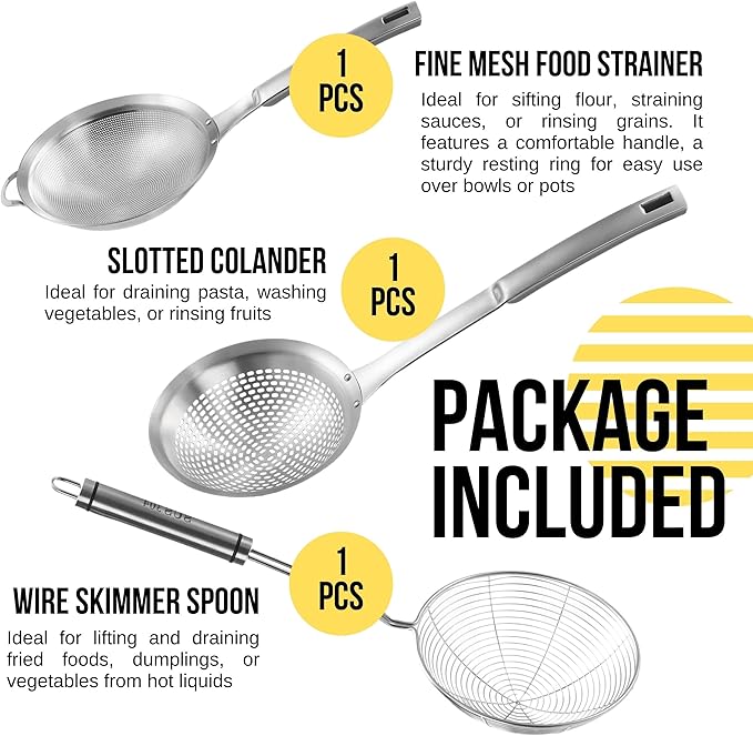 Spider Strainer Set of 3pcs - Stainless Steel Frying Spoons for Cooking Skimmer Ladle for Oil Fryer Pasta and Fat Durable Strainer Scoop Kitchen Utensil for Frying and Draining