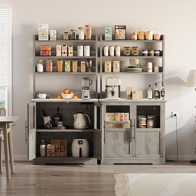 Garvee Farmhouse Bakers Rack with Glass Door, Microwave Stand with Power Outlets, Kitchen Hutch Pantry Cabinet, Kitchen Coffee Bar Cabinet for Spices, Dishes, and Pots, Gray