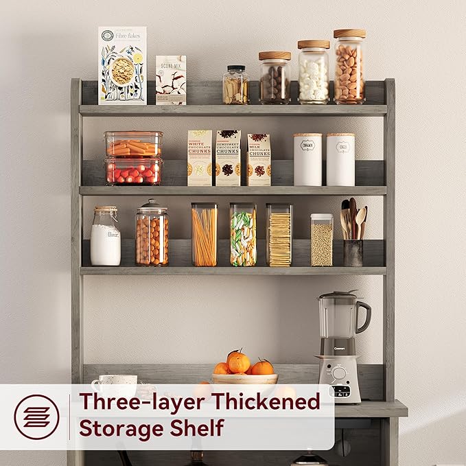 Garvee Farmhouse Bakers Rack with Power Outlets, Microwave Stand with Cabinet, Kitchen Hutch Pantry Cabinet, Kitchen Coffee Bar Cabinet for Spices, Dishes, and Pots, Gray