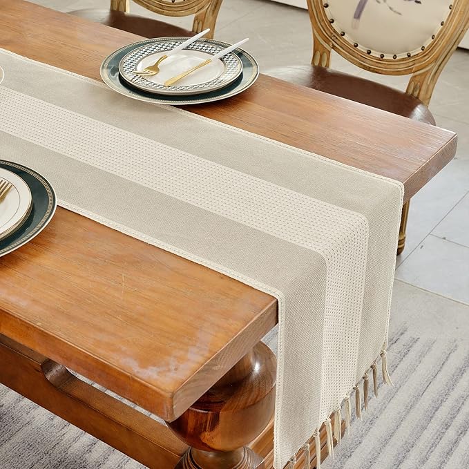Wracra Linen Table Runner, Farmhouse Macrame Table Runners 48 Inches Long for Dining Table Decor, Wedding, Party and Dresser Decor (Light Coffee,48")
