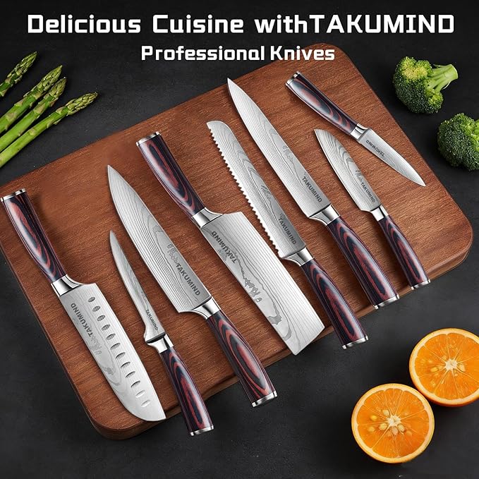 Premium Japanese Knife Set,Sharp Knives Set for Kitchen,Nop-slip Wooden Ergonomic Handle,High Carbon Stainless Steel Forged Luxury Gift(8PCS,Silver)