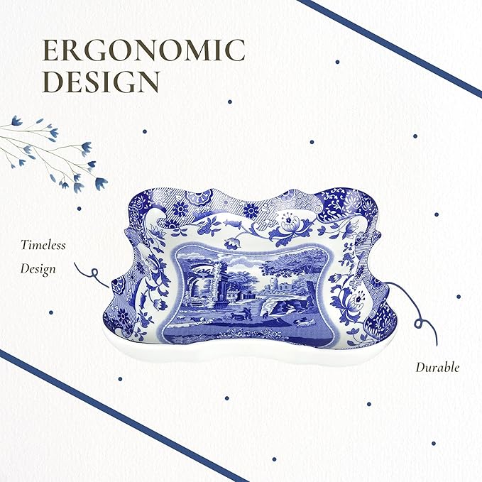 Spode Blue Italian Devonia Tray - 7.5 Inch Porcelain Decorative Serving Tray - Shallow Serving Bowl for Salad, Pasta, Fruit, Appetizers, Snacks - Elegant Gift Tableware for Hostess