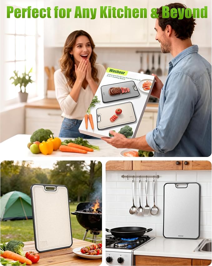 Washour Stainless Steel Cutting Boards for Kitchen, Non Toxic 2-in-1 Cutting Board Double Sided, Chopping Boards for Fresh Meat Vegetable, Easy to Clean Large Size 16”×11”