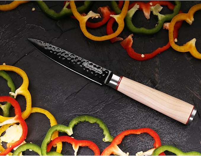 YOUSUNLONG Kitchen Utility Knife 5 Inch - Paring Fruit Knife Sharp Blade - AUS8 Black Titanium Nitride Coating HRC Steel - Natural Canadian Maple Wood Handle