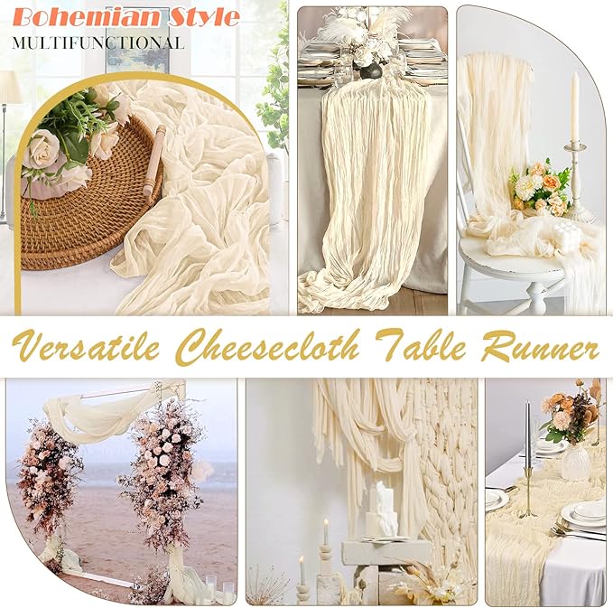 Beige Cheesecloth Table Runner 6 Pack 35" Boho Gauze Runner 120 inches Long Runner Rustic Sheer Fabric Bulk for Baby Shower Wedding Bridal Shower Birthday Thanksgiving Decorations