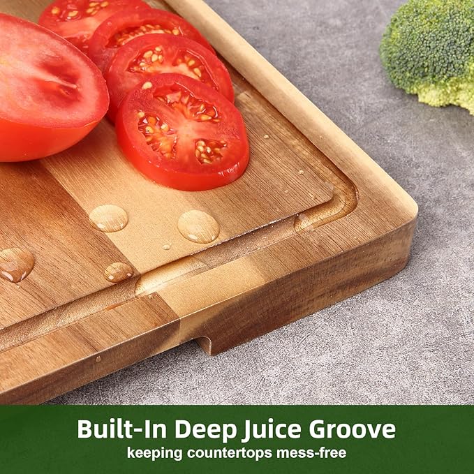 Acacia Wood Cutting Board with Handles & Juice Groove - Large Thick Butcher Block for Meat, Turkey, BBQ, Serving and Kitchen Countertop 18"*12 Inche