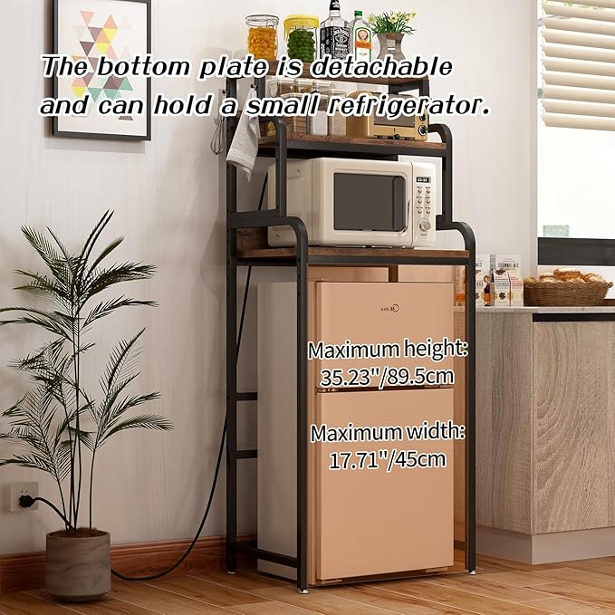 Bakers Rack with 4-Tier Mini Adjustable Shelves and Power Outlet, Heavy-Duty Metal Frame Kitchen Shelf Organizer, Mini Fridge & Microwave Stand for Kitchen, Dorm, Living Room, Walnut Brown
