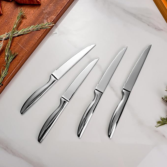 Serrated Steak Knife Set of 8 with Block Holder, Steak Knife with Storage Box Drawer Insert Organizer Bamboo Case, Dishwasher Safe, Silver