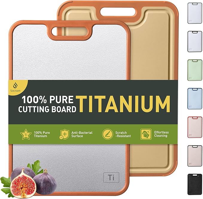 2 in 1 Pure Titanium Cutting Boards for Kitchen with Handle Meat Chopping Board Juice Groove Butcher Block Not Stainless Steel Wood Bamboo Extra Large Big Small Best Kitchen Counter Organic Vegetable
