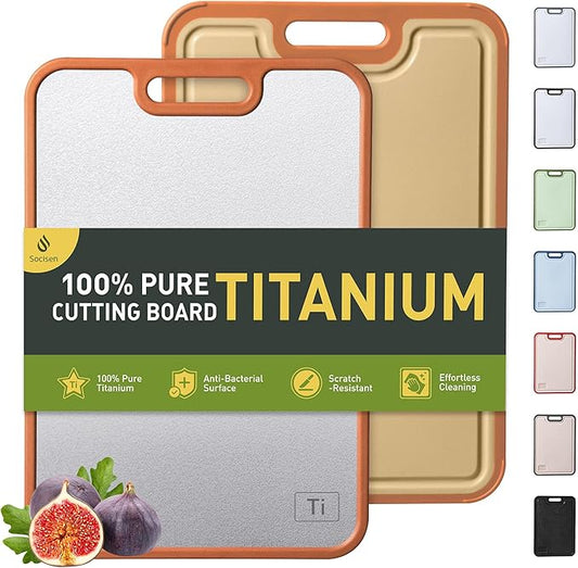 2 in 1 Pure Titanium Cutting Boards for Kitchen with Handle Meat Chopping Board Juice Groove Butcher Block Not Stainless Steel Wood Bamboo Extra Large Big Small Best Kitchen Counter Organic Vegetable