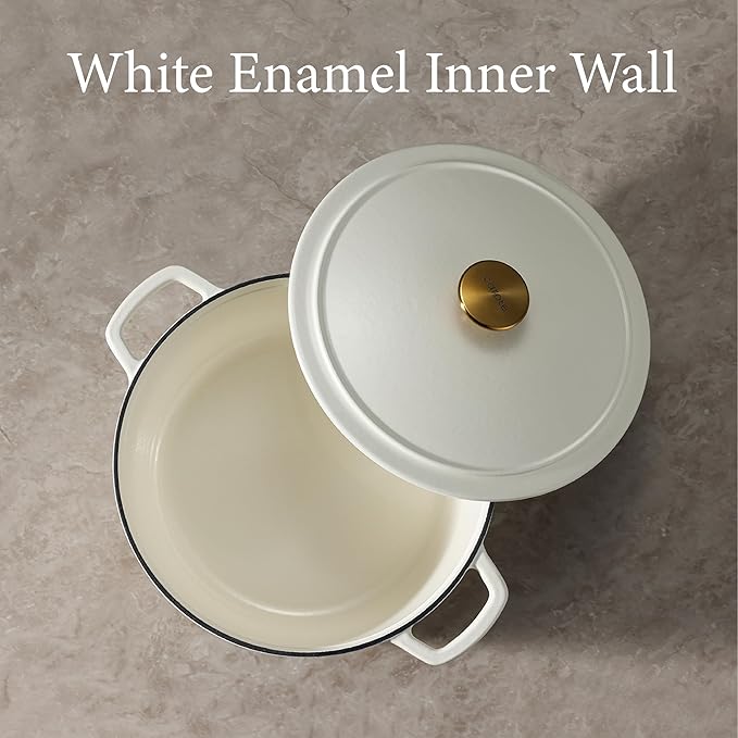CAROTE 5QT Enameled Cast Iron Dutch Oven Pot with Lid, Heavy-Duty Dutch Oven for Sourdough Bread Baking, Braising, Stews, Roasting, Healthy & Non-Toxic, Dual Handles, All Stovetop Compatible, Oven Safe up to 500° F, Cream White