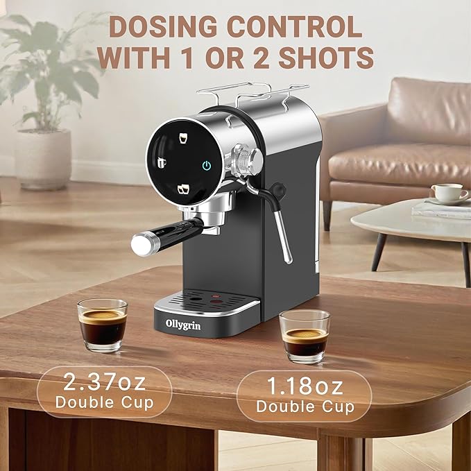 Ollygrin 20 Bar Espresso Machine, Adjustable Espresso Machine with Milk Frother, Compact Espresso Maker with Touch Panel, Removable Water Tank & Drip Tray, Cup Warmer, Pre-Infusion for Rich Crema