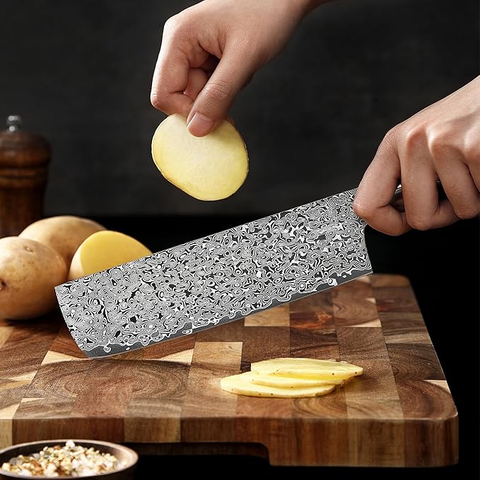 zayiko Black Edition Damascus Nakiri Knife | 18.5 cm Blade Made of 67 Layers of Fine Dark Damascus Steel | Ergonomic Pakkawood Handle | Professional Kitchen Chef's Knife Ideal for Vegetables