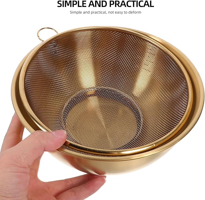 Stainless Steel Basin and Fine Mesh Rice Strainer Set 7.08In Kitchen Drainer for Washing Vegetables Fruits and Cooking Rice with Metal Colander Basket