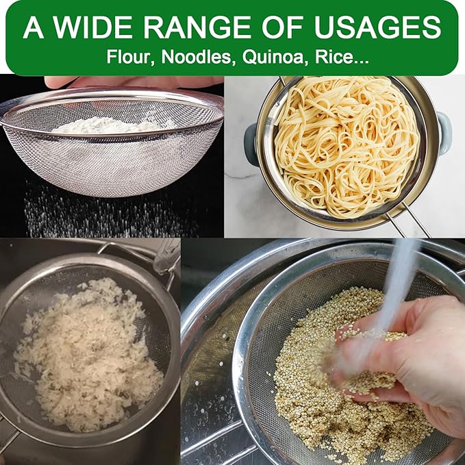 Large Fine Mesh Strainer with Sturdy Handle, 8.66” Stainless Steel Strainers, Bonus 20x20 Inch Reusable Cotton Cheese Cloths with 4 Hemmed Edges, Sieve Sifter for Straining, Cooking, Baking