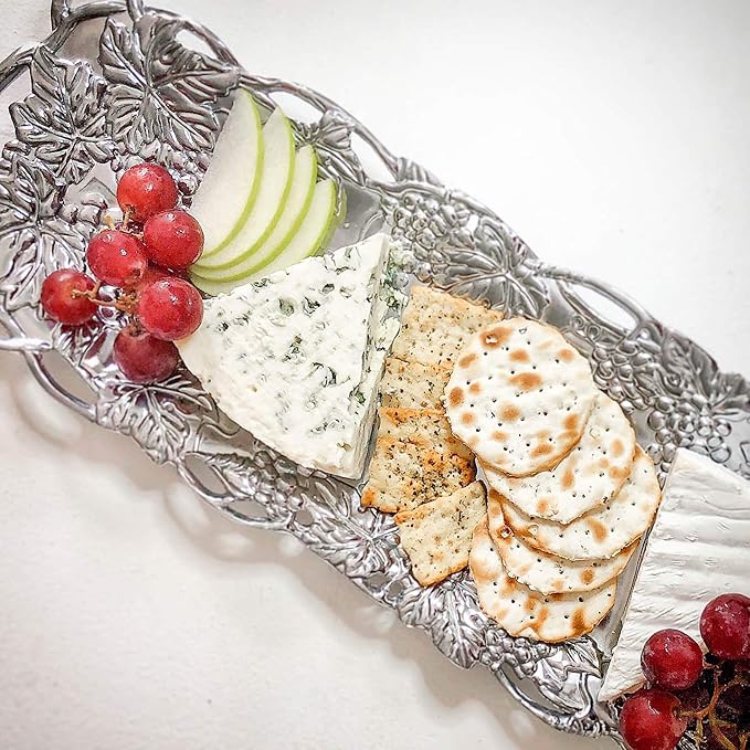 Arthur Court Metal Oblong Serving Tray Grape Pattern Sand Casted in Aluminum with Artisan Quality Hand Polished Designs Tarnish Free 19 inch x 5.5 inch