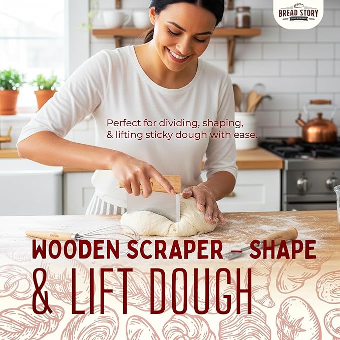 Danish Dough Whisk Set – Wooden Scraper & Lame Scoring Tool | Sourdough Whisk & Mixing Tool Kit | Bread Utensils for Homemade Bread, Pizza, Pastry | Stainless Steel & Wood
