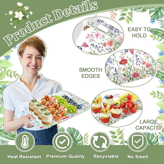 gisgfim 2PCS Spring Wild Flower Serving Trays 16.1 X 11.1 Inch Large Melamine Wildflower Trays Platters with Handles Watercolor Floral Butterfly Food Trays for Snacks Summer Birthday Party Decorations