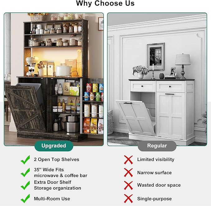 63" H Pantry Cabinets with 10 Gallon Trash Can,Led Light,Outlet,35" W Kitchen Hutch with Tilt Out Trash Can Cabinet,Farmhouse Cupboard with Large Countertop for Living Room, Dining Room